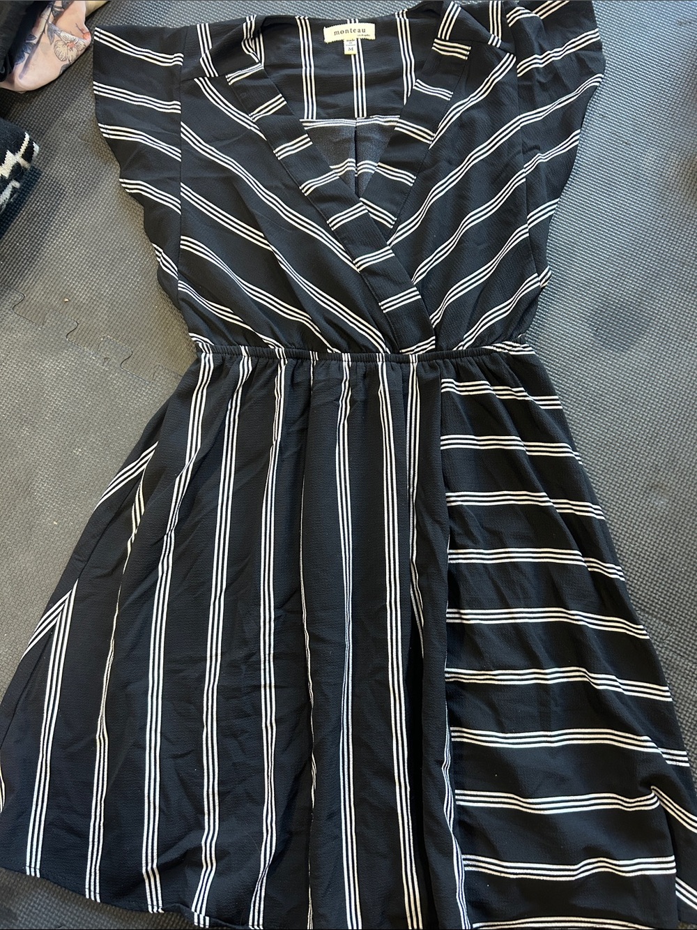 Monteau Black & White Striped V-Neck Fit-and-Flare Dress